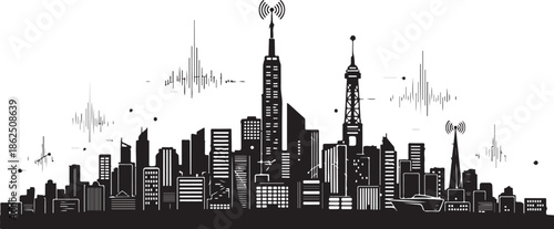 A black and white illustration of a city skyline with sound waves