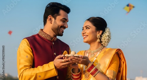 Indian Couple Flying Kite in Traditional Attire Celebrating Makar Sankranti