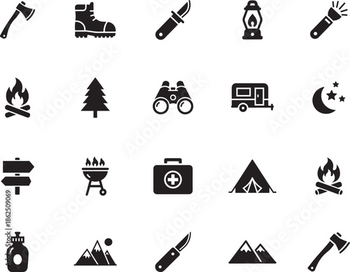 Camping and Outdoor Silhouette icon collection. Includes Silhouette symbols tent, fire, mountain, axe, hiking and more. Isolated icons. Camping icon set. Minimalist icons pack.