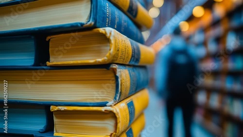 Close-up of stacked old blue and yellow books in a blurry library with a person walking