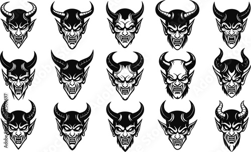 Set of Fifteen Evil Horned Faces for Mascot, Tattoo, and Heavy Metal Design.