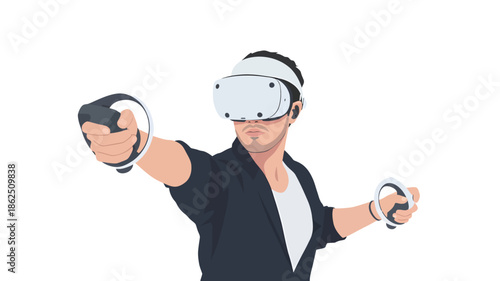 Man wearing VR headset and controllers in a minimalist white background