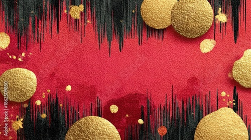 Minimalist Chinese New Year design with red gradient, gold brush strokes and foil embellishments, abstract ink painting style