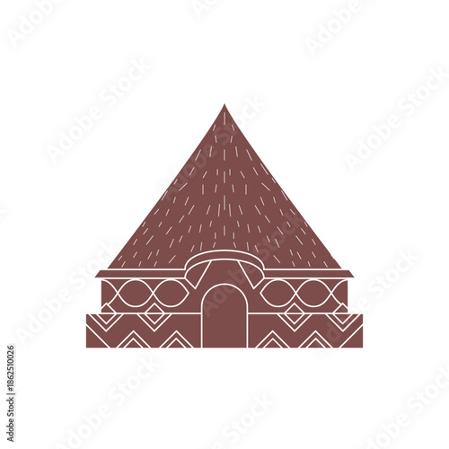 Minimalist vector illustration of a traditional village hut with decorative roof patterns, designed in a clean line-art style. Suitable for cultural projects, architecture concepts, rural lifestyle vi