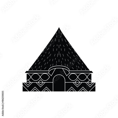 Minimalist vector illustration of a traditional village hut with decorative roof patterns, designed in a clean line-art style. Suitable for cultural projects, architecture concepts, rural lifestyle vi