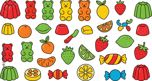 Cartoon candy and fruit grid illustration, gummy bears, jelly molds, fruit slices, playful snack design, colorful vector treats