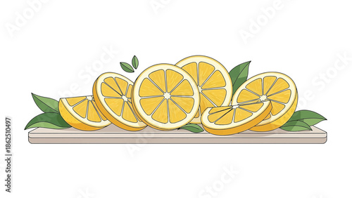 Fresh Lemon Slices on Cutting Board with Green Leaves Flat Vector Illustration