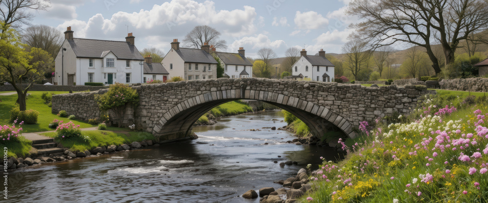 Fototapeta premium Stone bridge river village cottage spring flower tree cloud stone bridge over river quiet village with cottage and spring flower soft cloud sky