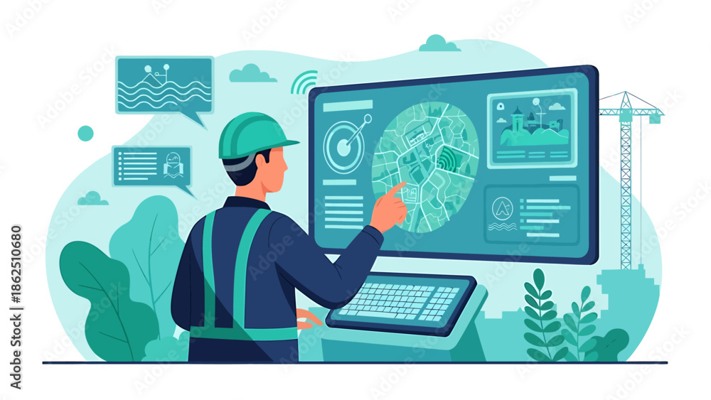 Fototapeta premium Engineer interacting with advanced digital control panel and data visualization.