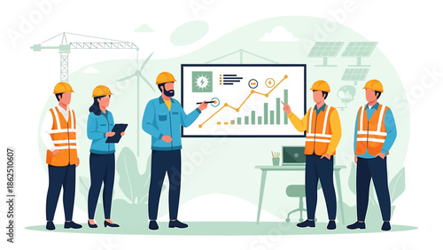 Construction team meeting discussing project progress on whiteboard.