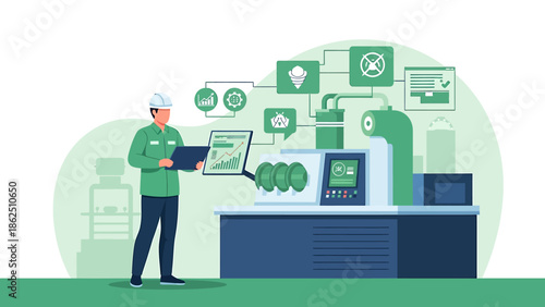 Engineer controlling advanced manufacturing process with laptop.