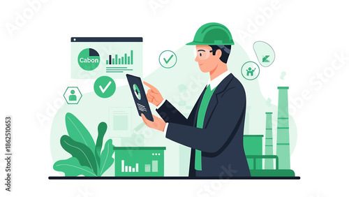 Engineer in hard hat using tablet with data charts.