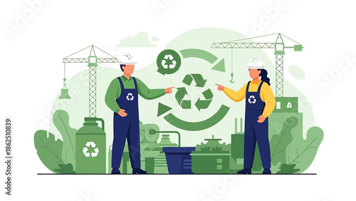 Two workers in recycling plant with green recycling symbols.
