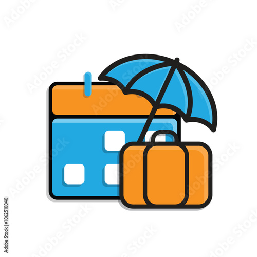 Vacation icon. Travel. Backpack with umbrella and calendar on the back. Long holiday, beach, mountain. Isometric design style.