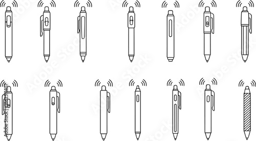 Set of fourteen smart wireless digital pen vector outline icons with signal waves for technology design
