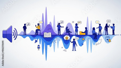 A group of people interacting with various elements amidst a sound wave visualization, reflecting communication and technology in a modern urban setting