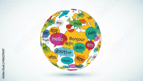 A colorful globe featuring various greetings from around the world displayed on a white background