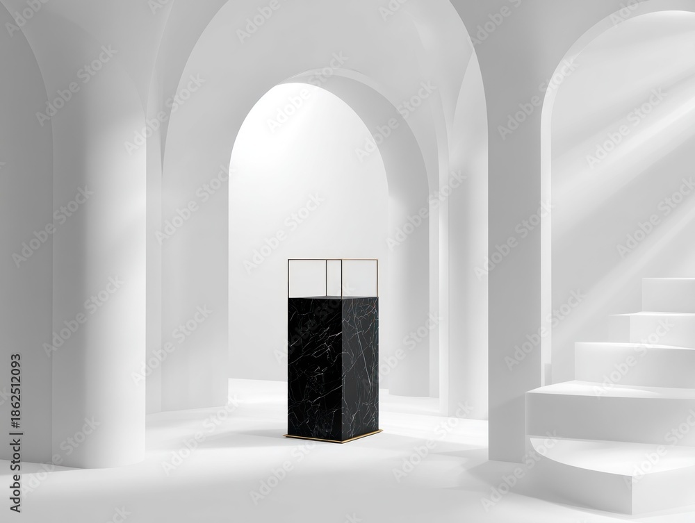 Fototapeta premium Minimalist architectural interior with display case and archways