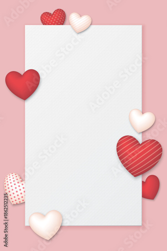White bond paper vertical shape on pink background have red and white hearts various designs floating around