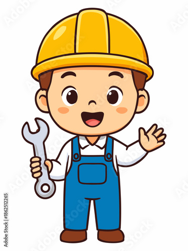 Cute cartoon illustration of a young construction worker.