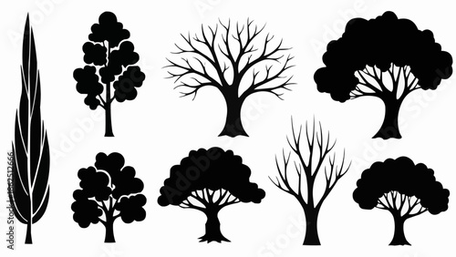 Collection of Silhouetted Trees in Various Shapes and Sizes.