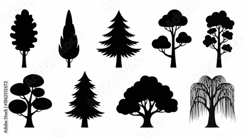 Collection of Silhouetted Trees in Various Shapes and Sizes.