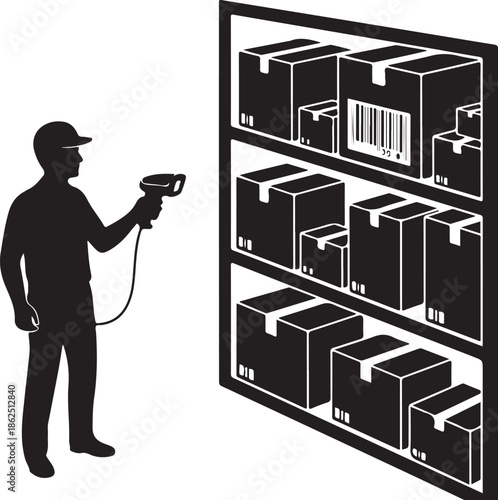 A worker scanning inventory boxes on a shelf