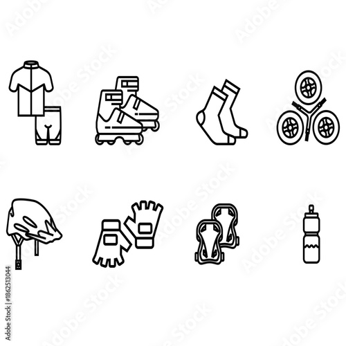 Minimal line icon set of cycling gear and accessories including helmet, gloves, socks, shoes, clothing, water bottle, pads, and spare parts for bike and sports design.