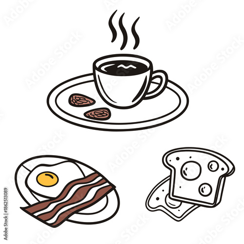 Classic hearty breakfast served with hot coffee crispy bacon and eggs