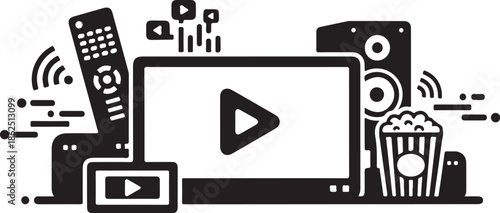 A black and white illustration of multimedia devices playing video content