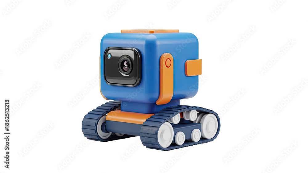 Fototapeta premium Blue and Orange Robotic Camera with Tracks