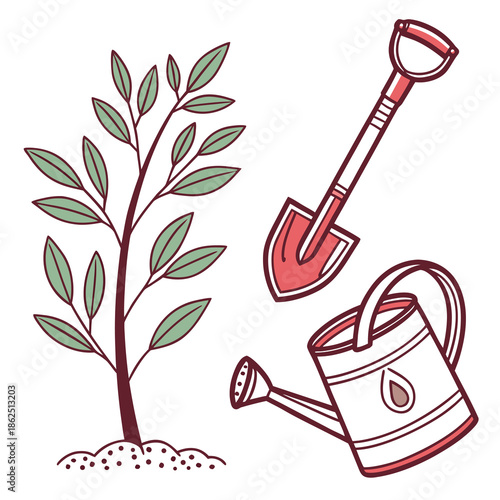 A young plant growing alongside gardening equipment for cultivation