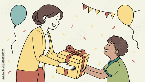 Warm Gesture of Giving a Birthday Present to a Small Child