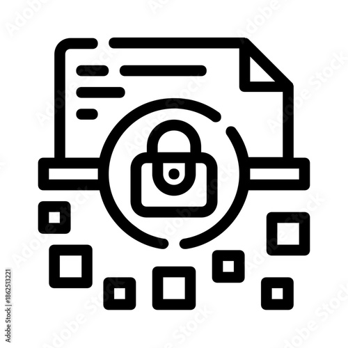 Secure document with padlock and data squares, suitable for cybersecurity, data protection, confidentiality, online security, encryption visuals.
