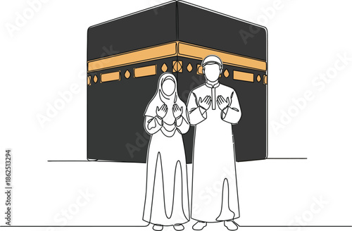 Pilgrimage to Mecca Muslim couple performing sacred Hajj rituals in front of the Kaaba. Muslim couple praying in front of Holy Kaaba. 
 Vector Illustration
