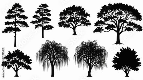 Collection of Silhouetted Trees in Various Shapes and Sizes.