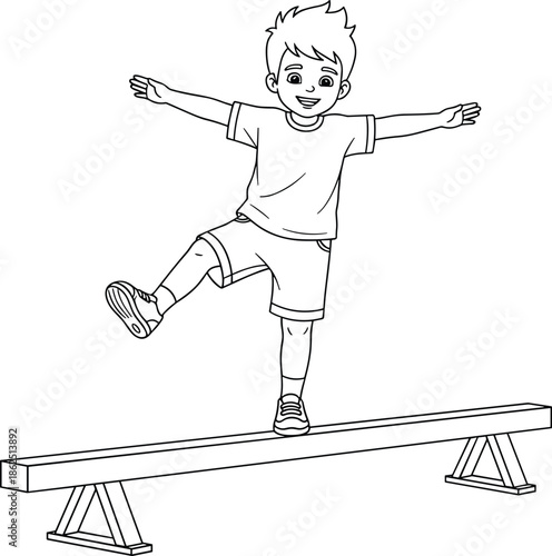 Cartoon vector of young child balancing on beam in gym class, playful sports activity, coordination and balance, children’s exercise illustration
