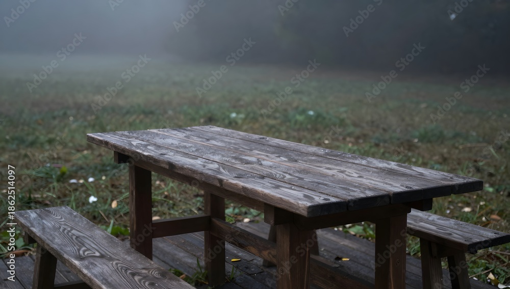 Fototapeta premium Rustic picnic table sits on a wooden deck in a hazy landscape
