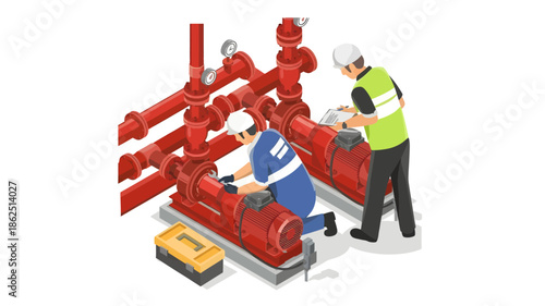 Isometric illustration of two workers inspecting industrial pipes and valves on a white background.