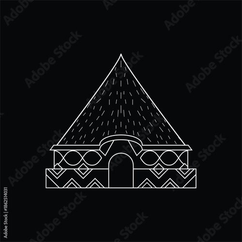 Minimalist vector illustration of a traditional village hut with decorative roof patterns, designed in a clean line-art style. Suitable for cultural projects, architecture concepts, rural lifestyle vi