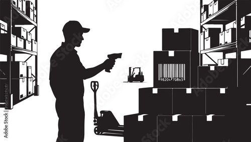 A silhouette of a man holding a gun in a warehouse with boxes and shelves