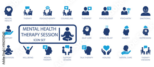 Mental health and therapy session icon set featuring counseling, psychotherapy, stress relief, anxiety, depression, meditation, emotional support, and wellness psychology symbols.