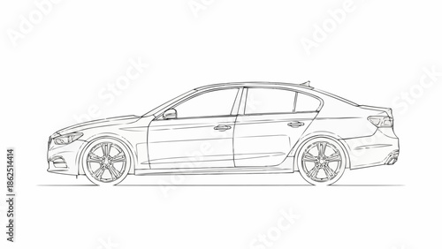 Detailed Line Drawing of a Modern Sedan Car.