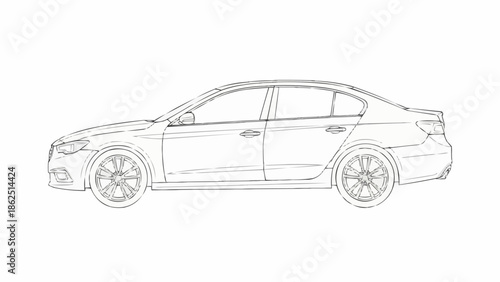 Detailed Line Art Illustration of a Modern Sedan Car.
