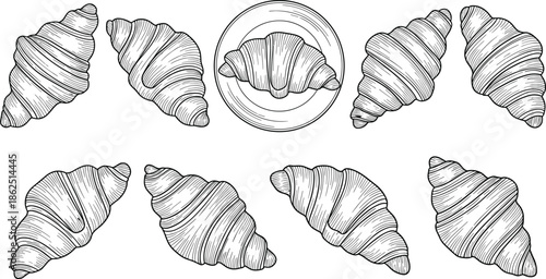 Set of Hand Drawn Vector Croissant Pastries in Vintage Engraving Style for Bakery Menu