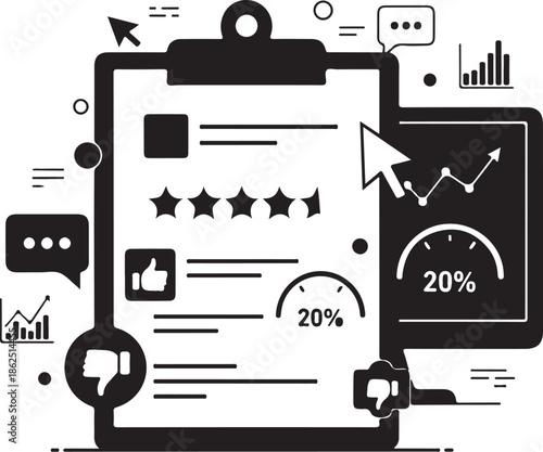 A graphic illustration of a clipboard with ratings and statistics