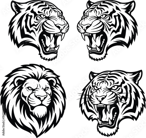 Set of fierce roaring tiger and lion head mascots black and white vector illustrations for tattoo and logo design