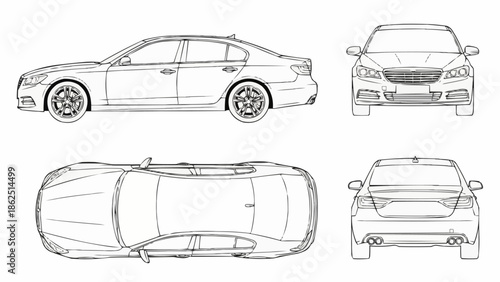 Car Blueprint - Detailed Technical Drawings of a Sedan.