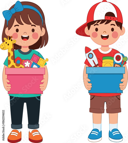 Cartoon, children, holding, toy boxes, playtime, siblings, toys, storage, girl, boy, cheerful, bucket, giraffe, rocket, playful, collection, smiling, childhood, bin, together
