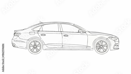 Detailed Line Art of a Modern Sedan Car.